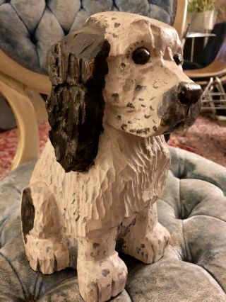 Vintage Spotted Dog Folk Art Carved Carving Wood Sculpture Figure Statue