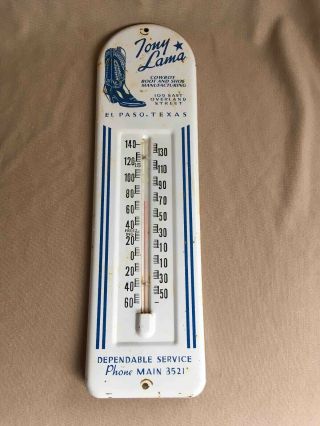 Vintage Tony Lama El Paso Texas Cowboy Boot Maker Advertising Metal Thermometer