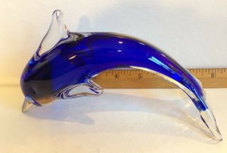 Blue Glass Dolphin Figurine Hand Blown Art 7 " Long Euc