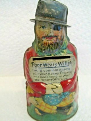 1900 Figural Tramp Poor Weary Willie Tinplate Money Box Tin Litho German Bank