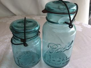 2 Vintage Ball Ideal Bail Wire Blue Canning Jars - 1 Quart,  1 Pint