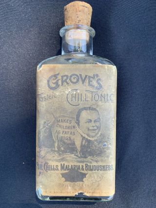 Vintage Antique Glass Medicine Bottle Groves Tasteless Chill Tonic