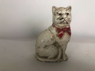Antique Hubley Figural White Cat With Red Bow Tie Cast Iron Bank 4.  25 " Tall