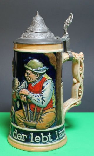 Vintage German Ceramic Beer Stein Mug With Hinged Lid 8 1/2 " Tall 3396