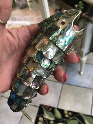 Vintage Abalone Shell Articulated Fish Bottle Opener 7.  5 