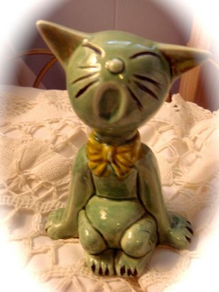 Whimiscal Yawning Cat Figurine - Vintage Made In Japan - Wearing Bow Tie