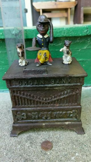 1882 Kyser & Rex Cast Iron Mechanical Organ Bank.  Monkey,  Cat & Dog Action.