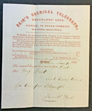 1850 Telegram Brain’s Chemical Telegraph,  Merchants’ Line Boston To Salem,  Ma