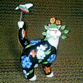 2003 Annaco Creations Amy Lacombe Whimsiclay Cat With Flowers And Bird
