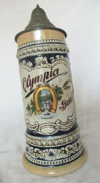 Vintage Ceramarte Lidded Beer Stein Olympia Beer Tumwater 9 1/2 " Tall