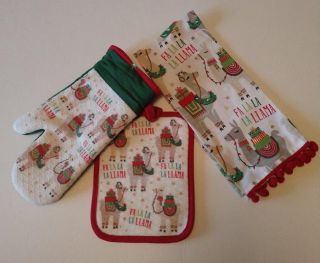 Fa La La Llama Tea Towel Oven Mitt Potholder Coordinating Set Nwt Holiday Xmas