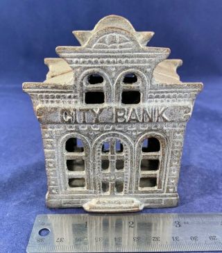 Antique Vintage Cast Iron (CI) Still Bank - RARE City Bank with Director ' s Room 2