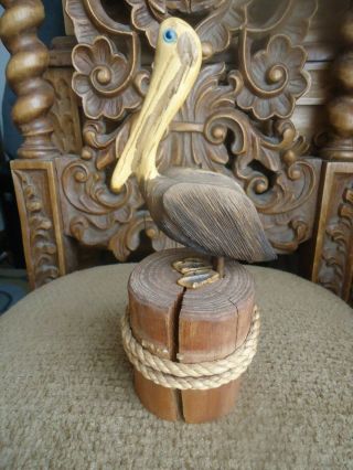 Hand Carved Wood Pelican Tropical Sculpture Bird Decor