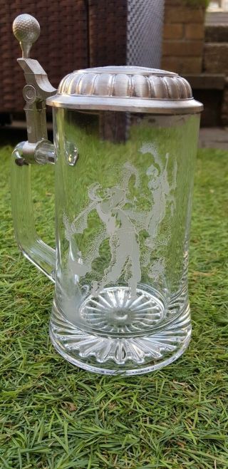 Glass Beer Mug With Golf Player And Lid