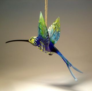 Blown Glass Figurine Bird Hanging Blue Yellow Swallowtail Hummingbird Ornament