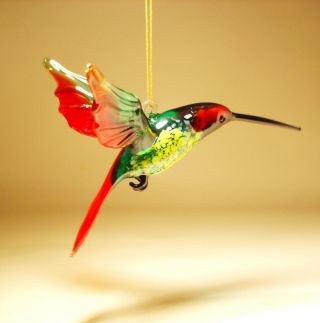 Blown Glass Figurine Bird Hanging Red And Green Hummingbird Ornament