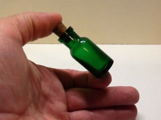 Tiny Antique Dark Emerald Green Early Cork Top Medicine Bottle.