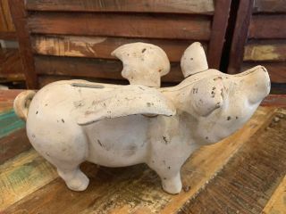Vintage When Pigs Fly 11” Cast Iron Coin Bank Flying Pig W/ Wings