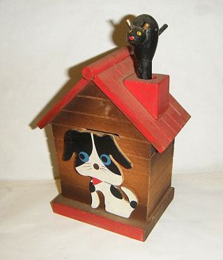 Vtg 1930s Mechanical Wood House Halloween Black Cat Puppy Piggy Coin Bank Japan