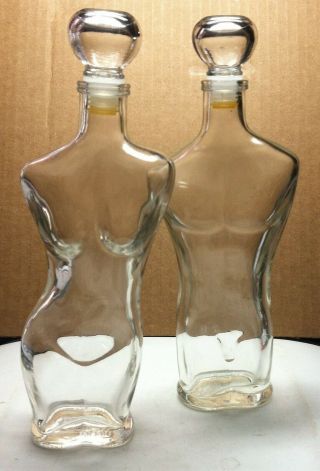 Male And Female Nude Torso Figural Clear Glass Bottles With Stoppers,  9” High