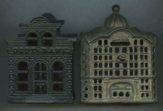 18 - 1900’s Two Cast Iron Bank Building Coin Banks - Paint