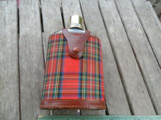 Vintage Red Plaid Glass Flask Real Hide - Leather - Made In England