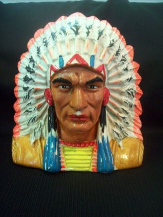 Vintage Chalkware Carnival Prize Chief Head Coin Bank Circa 1950s - 1960s