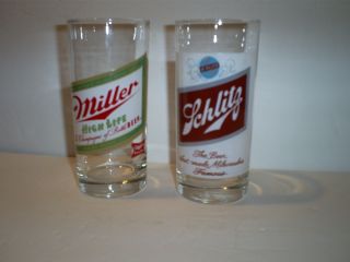 2 Vintage Beer Glasses Miller High Life & Schlitz That Made Milwaukee Famous