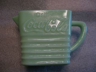 Vintage Drink Coca - Cola Small Green Jadeite Glass Pitcher