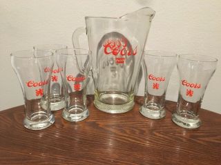 Vintage Coors Premium Pitcher And 5 Beer Glasses - Thick Heavy Glass Bottoms