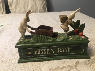 Bank Mechanical Cast Iron Coin Bank Bunny Rabbits Carrots Wheelbarrow