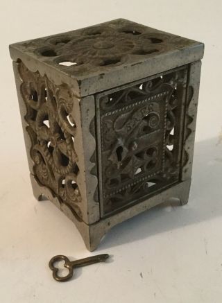 Fine Antique Cast Iron Still Bank Safe Stevens with Key 3