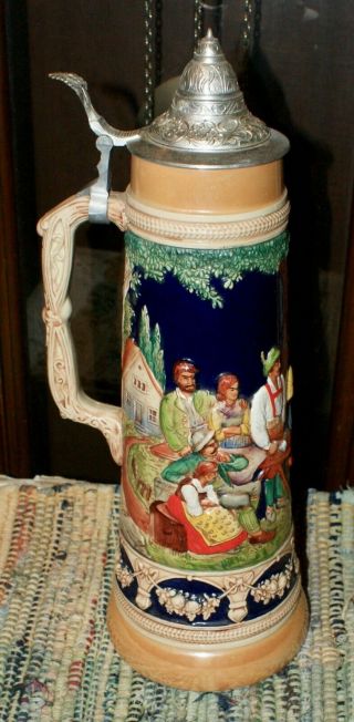 Handsome 16 " Tall German Beer Stein With Dance On The Alpine Pasture Design
