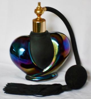 Vintage Carnival Glass & Black Matte Heart Shape Perfume Bottle W/atomizer L@@k