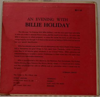 BILLIE HOLIDAY ' AN EVENING WITH ' CLEF RECORDS MG C - 144 10 INCH DG MONO RECORD US 2
