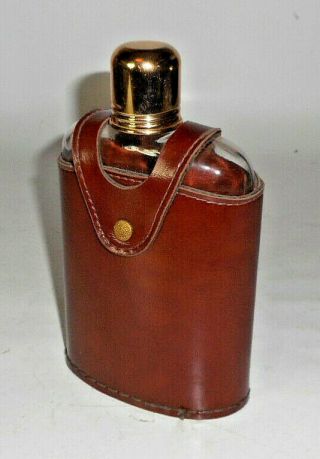 Vintage Swank Glass Flask With Brass Cap Leather Case
