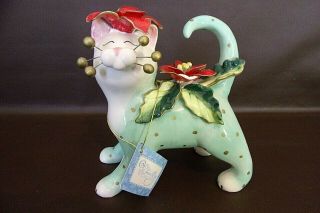 Whimsiclay Ceramic Cat Figurine By Amy Lacombe " Poinsettia " (14t039)