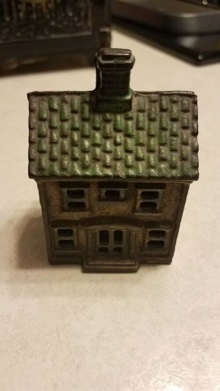 Old Antique Cast Iron Victorian Green Roof City House Still Mini Bank