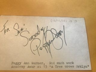 Peggy Ann Garner Autograph,  Child Actress,  “jane Eyre” “a Tree Grows In Brooklyn