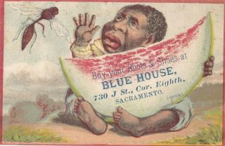 1880s Victorian Trade Card Black Americana Boy Watermelon Blue Mouse Boot & Shoe
