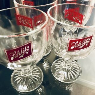 Set Of (4) - Schlitz Craft Beer Thumbprint Schooner Vintage Goblet Glasses