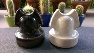 Two Roman Helmet Cable Top Porcelain Insulators.  Gloss White And Molten Colored