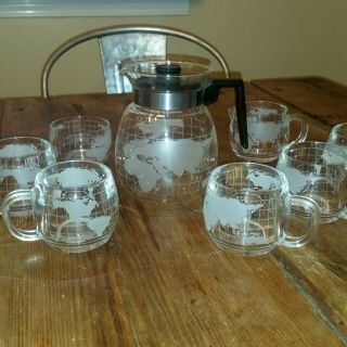 RARE Vintage Nescafe Nestle World Globe Clear Glass Coffee Tea Mug Cup 6oz Set 2