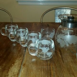 RARE Vintage Nescafe Nestle World Globe Clear Glass Coffee Tea Mug Cup 6oz Set 4