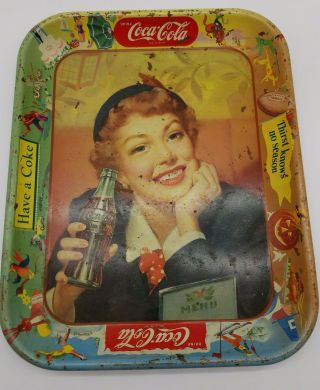Vtg 1950s Coca Cola Litho Advertising Tray Menu Girl - Thirst Knows No Season