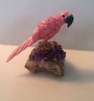 Carved Pink Alabaster Parrot On Amethyst Geode Perch Miniature