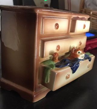 Vintage Dept.  56 Ceramic Coin Bank With Music Box,  Cat In Bureau,  40 Yrs Old 3