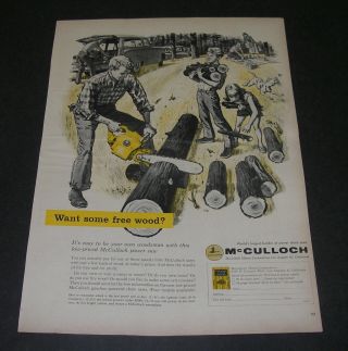 Print Ad 1954 Mcculloch Power Chain Saw Art Want Some Wood? Family Picnic.