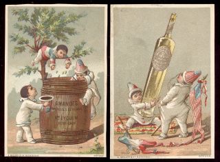 Nyc 2 French Bordeaux Trade Cards,  Flag,  Wine Barrell & Bottle,  Boy Clowns Z565
