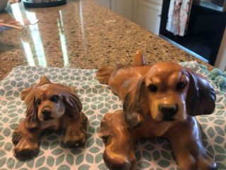 Vintage Chalkware Chalk Ware Two Mom And Puppy Cocker Spaniel Dog Figurines